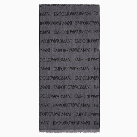 Emporio Armani Virgin-wool blend scarf with jacquard logo lettering and fringes - Picture 1 of 9